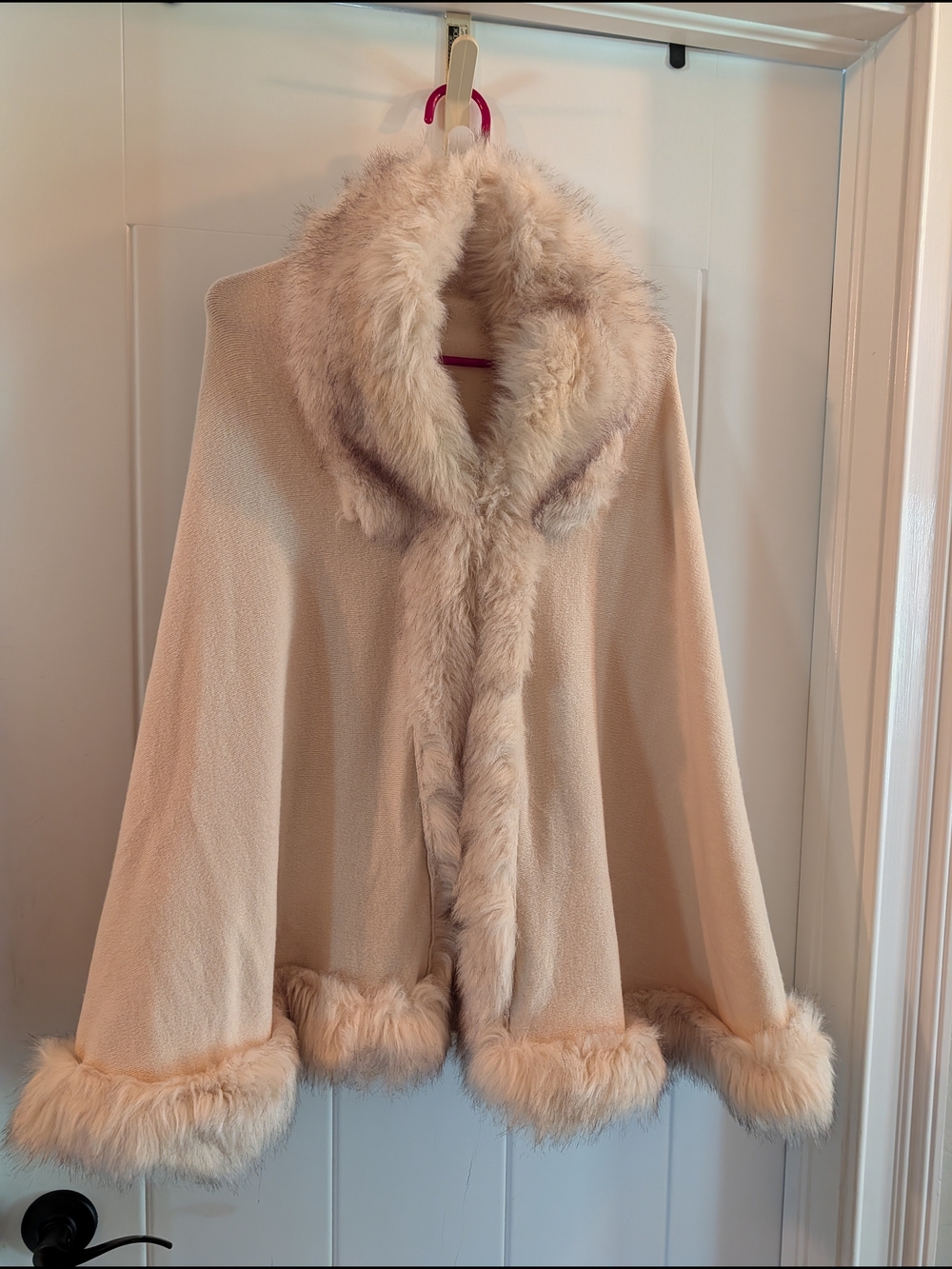 Faux Fur Trim Cape in Light Beige